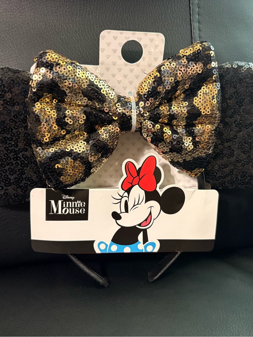 Sequin Leopard Bow Minnie Mouse Mouse Ear Headband - Black & Gold
